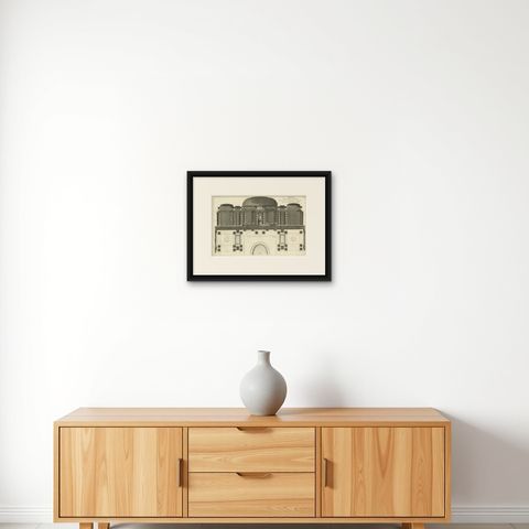 Antique Print of a Bathroom Design for Hotel De Jansen in Paris, France, c.1785, shown framed on a wall, true to size