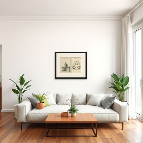 Neoclassical Visions: De Neufforge's Temple Designs Original Engravings, ca.1770, shown framed in a room, true to size