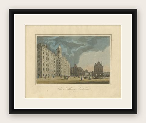 Antique View of the Amsterdam Town Hall, Hand-Colored Engraving c.1818, shown framed