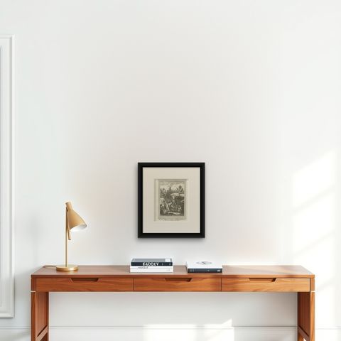 Antique Engraving of Houses of Benin in Africa, 1748, shown framed on a wall, true to size
