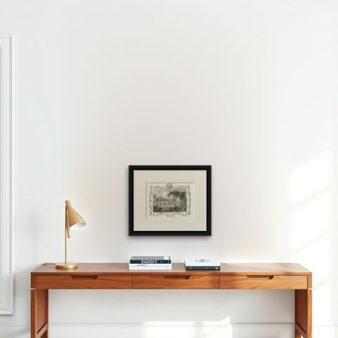 Charming Engraving of Kew Bridge over the River Thames, 1835, shown framed on a wall, true to size