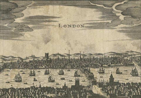 Antique Woodcut View of London, Thames River Panorama with London Bridge, c1650, close-up 4