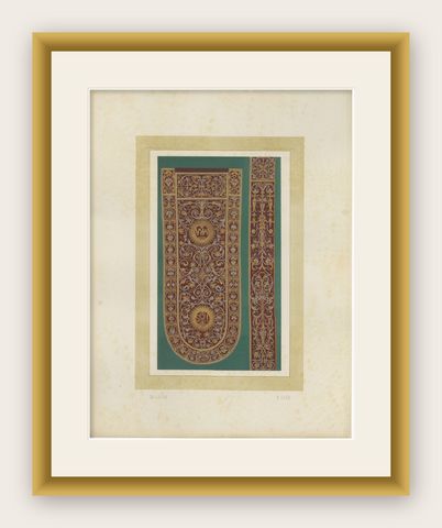 Antique Chromolithograph Liturgical Textile Ornament, Reiche Kapelle Munich 1874, shown framed