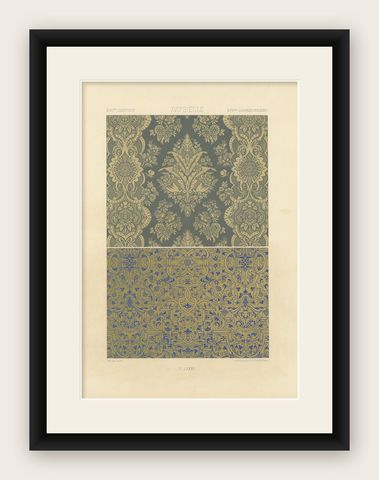 French Wallpaper and Textile Patterns, Damask and Scroll Motifs, ca.1869, shown framed