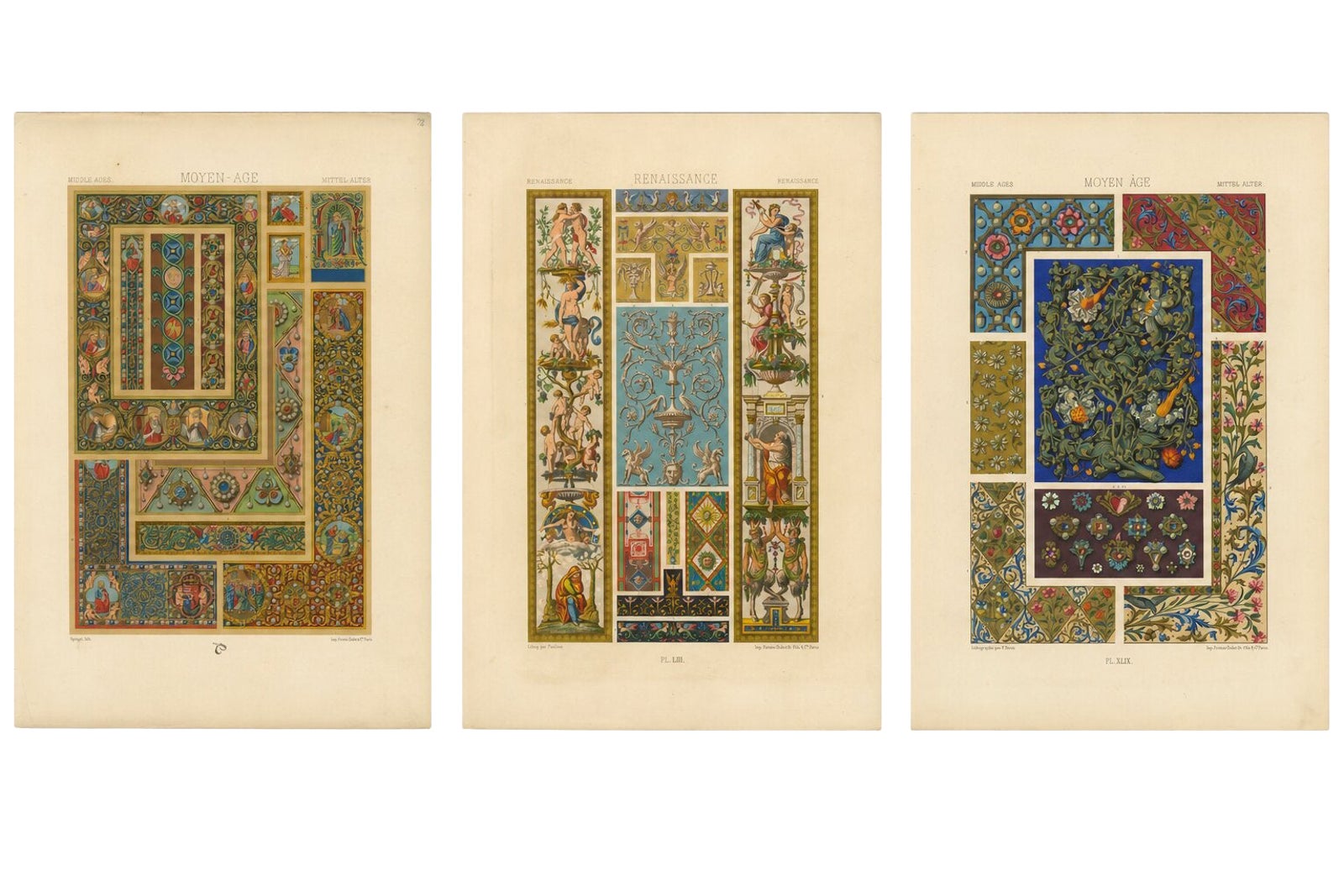 Three Medieval & Renaissance Ornament Plates by Albert Racinet, 1873