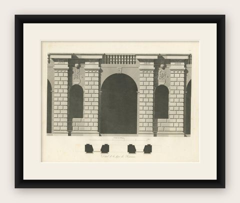 Cour des Fontaines, Architectural Copperplate Engraving by Baltard, 1803, shown framed