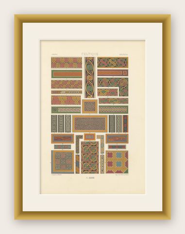Celtic Knotwork and Borders, Antique Print of Interlacing Patterns, c.1869, shown framed