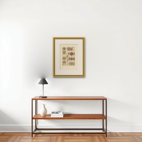 Pl. 42 Antique Print of Middle Ages Ornaments by Racinet, circa 1890, shown framed on a wall, true to size