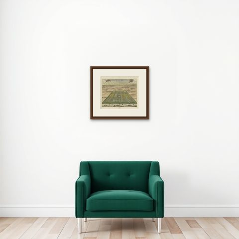Antique Print of the Poppendam Estate, North of Amsterdam, The Netherlands, 1696, shown framed on a wall, true to size