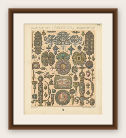 Pl. 113 Antique Print of French 18th Century Decorative Objects by Racinet, shown framed