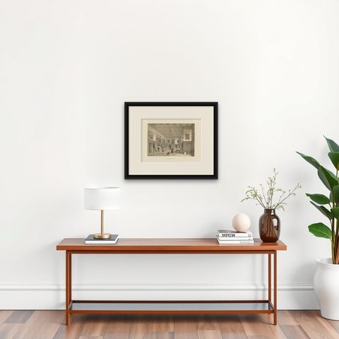 Antique Print of the Great Hall of Parham House by Nash, circa 1870, shown framed on a wall, true to size