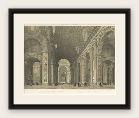 Interior of St. Peter’s Basilica Vatican Rome, Benoist Lithograph 1869, shown framed