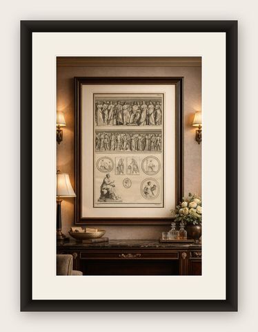 Large Classical Relief Engraving with Female Figures, Montfaucon, London 1721, shown framed