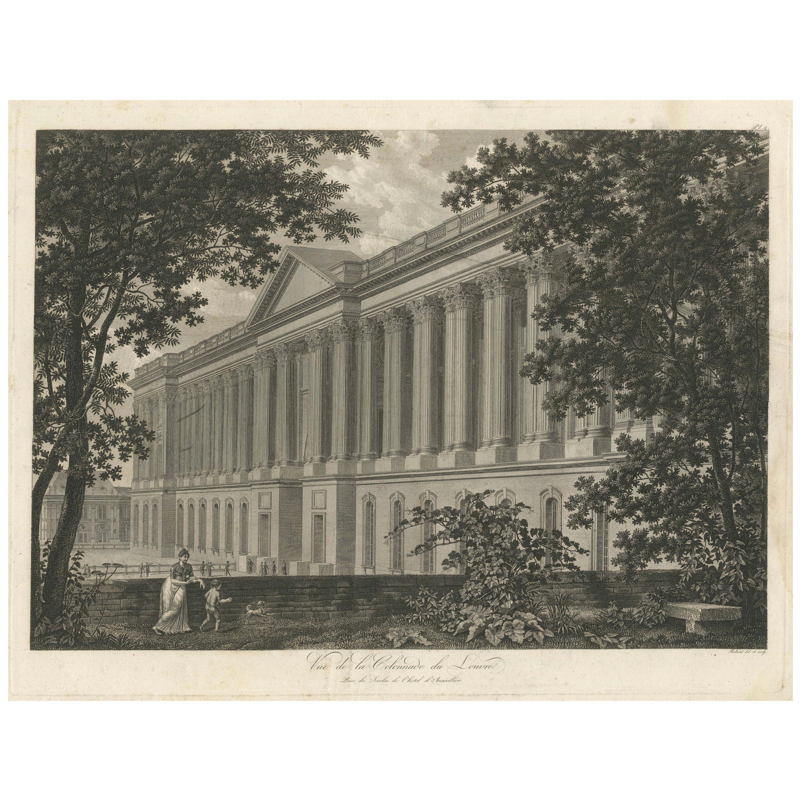 Antique Louvre Paris Colonnade Architectural Engraving, French Neoclassical 1803