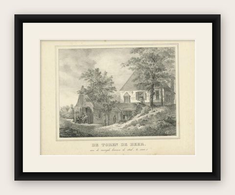 Antique Uncoloured Print of Tower 'De Beer' in Utrecht, the Netherlands, C.1830, shown framed