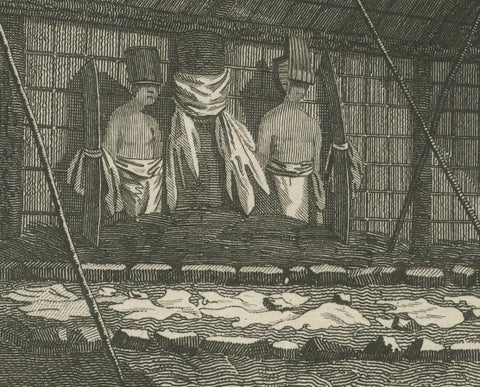 18th-Century Engraving of Hawaiian Morai and House Interior, c. 1780s, close-up 2