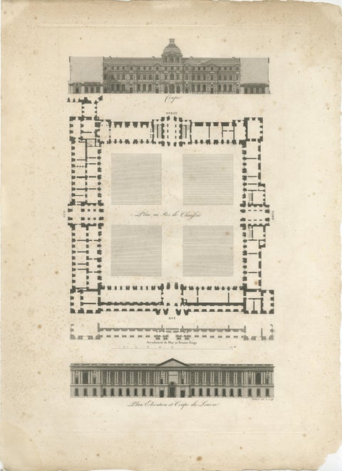Plan, Elevation et Coupe du Louvre, Architectural Engraving by Baltard, c.1799, view 2