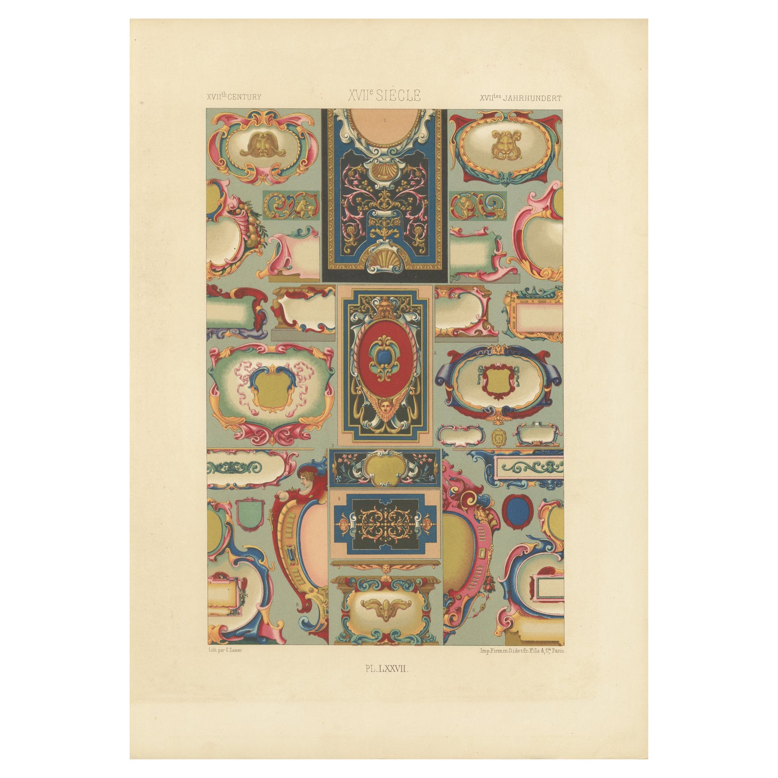 17th Century French Cartouches, Ornamental Baroque Frames, Plate LXXVII, 1869