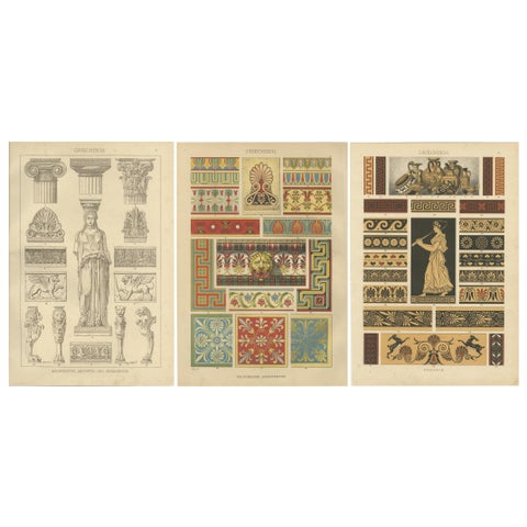Set of 3 Antique Greek Architecture and Ornament Prints from 1887, Neoclassical