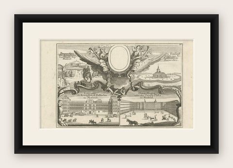 Original Antique Engraving of Buildings in Madrid in Spain, ca. 1700, shown framed