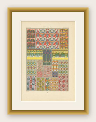 Pl. 3 Antique Print of Egyptian Painted Tomb Ceiling by Racinet, 'circa 1890', shown framed