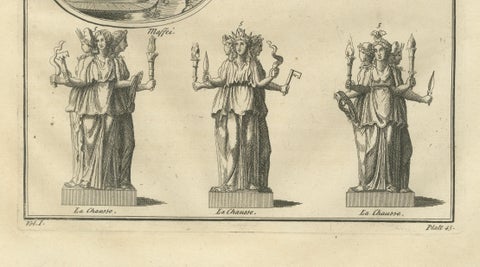 Antique Roman Goddess Statues and Reliefs, Montfaucon Classical Engraving 1721, close-up 5