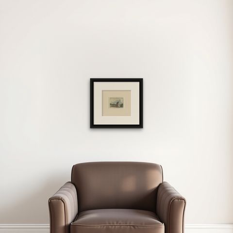 Antique Print of 'Huis Te Remmerstein' a Castle in Rhenen, the Netherlands, shown framed on a wall, true to size