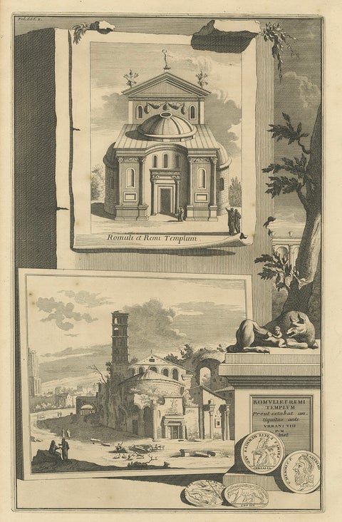 Antique Print of the Temple of Romulus in Rome, Italy C.1705, close-up 1