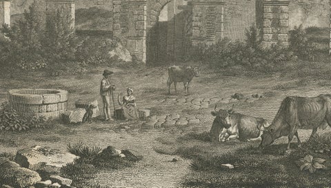 Vue des Ruines de la Vénerie, Architectural Ruins Copperplate Engraving, 1803, close-up 4