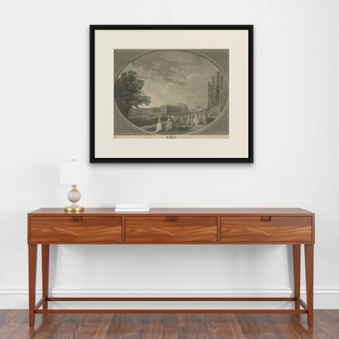 Antique Print of Windsor Castle in England, 1783, shown framed on a wall, true to size