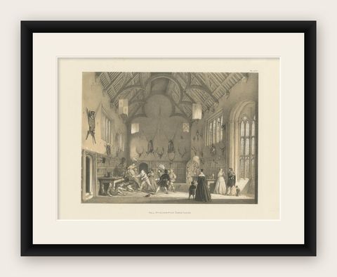 Antique Print of the Great Hall of Athelhampton House by Nash, circa 1870, shown framed