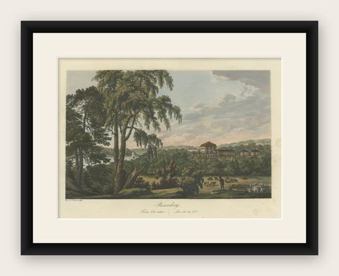 Pastoral Elegance: Ulrik Thersner's 1824 Aquatint of Djursholm Castle, shown framed