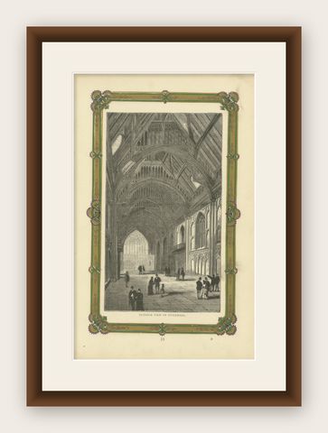 Engraved Interior of Guildhall: A Detailed Depiction of London's Ceremonial Hall, shown framed