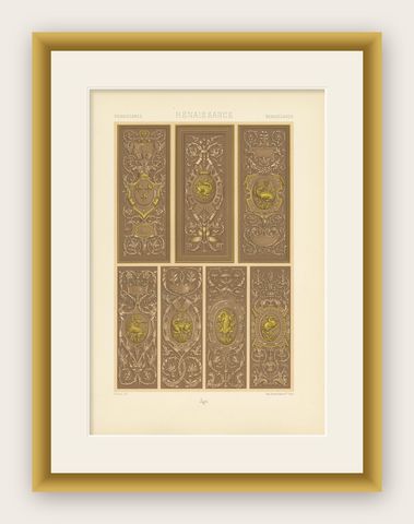 Pl. 90 Antique Print of Renaissance Panels from the Palace, Racinet 'circa 1890', shown framed