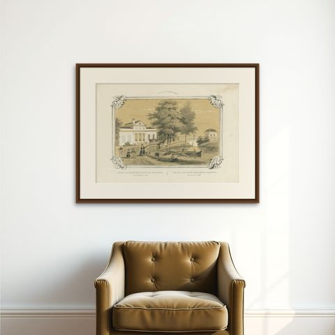 Antique Print of the 'Oorsprong' Estate in Utrecht by Huygens, c.1860, shown framed on a wall, true to size