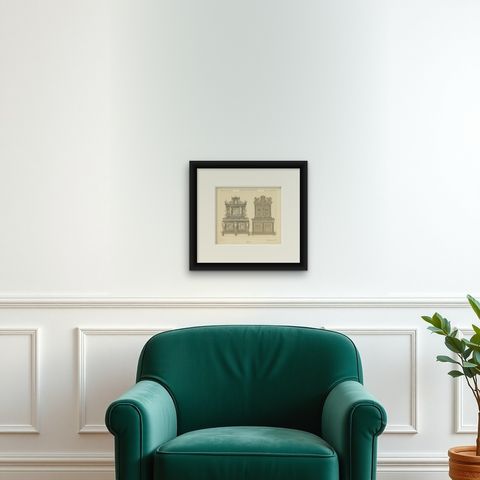 Pl. 74 Antique Print of European XVIth-XVIIth Furniture by Racinet 'circa 1880', shown framed on a wall, true to size