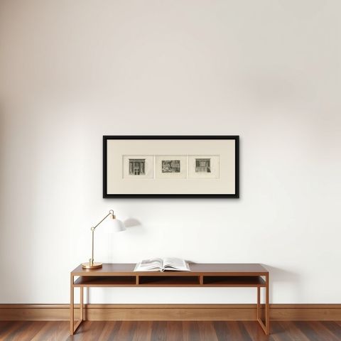 French Neoclassical Architecture Engravings Set, Château d’Écouen, 1803, shown framed on a wall, true to size