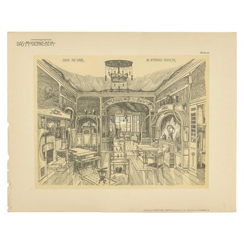 Antique Print of a Salon with Bay Window, circa 1910