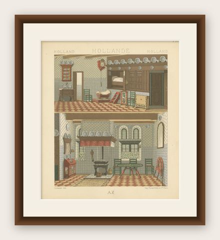 Antique Print of Holland Interior by Racinet, circa 1880, shown framed
