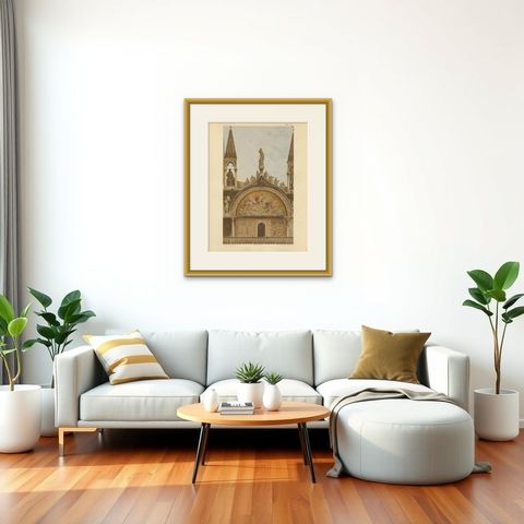 Pl. 15 Antique Print of the Portal of San Clemente of the Basilica of San Marco, shown framed in a room, true to size