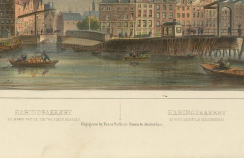 Antique View of Amsterdam’s Haringpakkerij and Nieuwe Stadsherberg Bridge, c1850, close-up 1