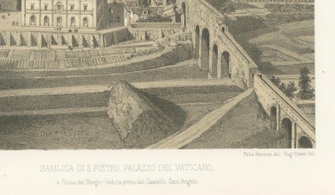 St Peter’s Basilica and Vatican Palace Panorama, Rome, Benoist 1869 Lithograph, close-up 4
