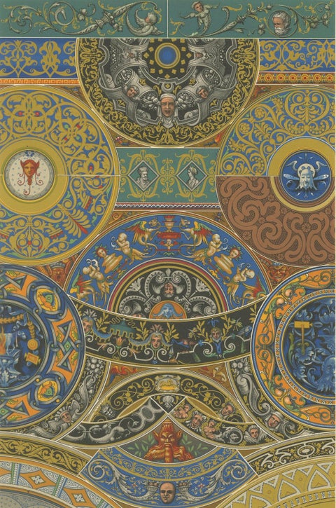 Renaissance Ceiling Ornament, Antique Decorative Print, Plate LIX, 1869, close-up 4