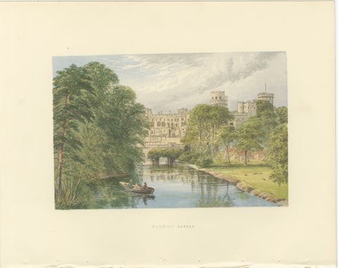 Warwick Castle River View, English Castle Landscape Engraving, c1850, view 2