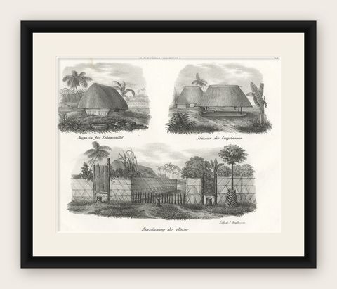 Original Antique Engraving of Various Houses of Tonga Tabu, c.1836, shown framed