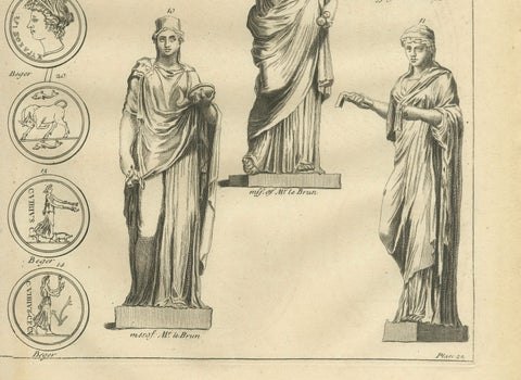 Roman Female Statues and Medallions, Montfaucon Antiquarian Engraving, 1721, close-up 4