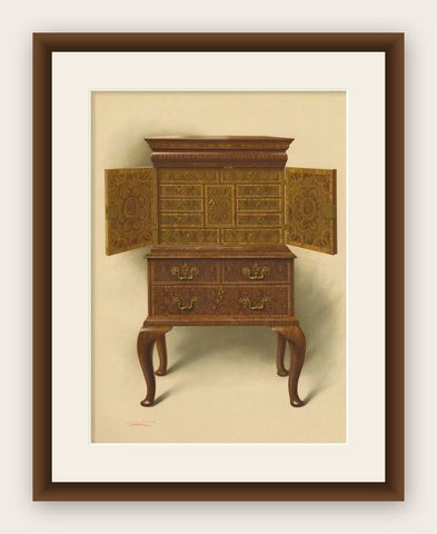 Antique Print of English Furniture ‘Walnut Cabinet E. Dent’ by P. Macquoid, shown framed