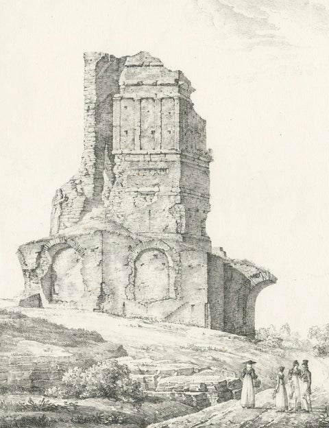 Roman Tower Ruins at Nîmes, Tour Magne Landscape Lithograph, France c.1818, close-up 1