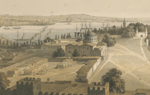 Rare 1852 Tinted Lithograph of Topkapi Palace Courtyard and Bosphorus, Istanbul, close-up 1