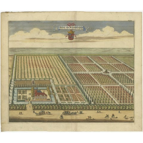 Old Handcolored Print of the Watervliet Estate in East Flanders, Belgium, 1696, view 2